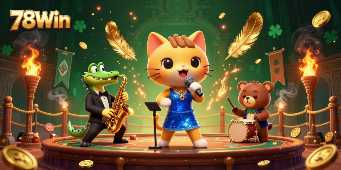Experience thrilling moments at 78Win's colorful casino stage with a jazz-singer cat and energetic companions.