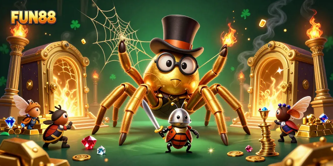 Experience the excitement of FUN88 with a dynamic casino-themed 3D illustration featuring a golden tarantula and beetle knight.