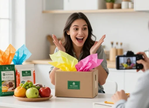 Unboxing Halal Grocery items online shopping experience with premium packaging, joyful customer, and vibrant products.